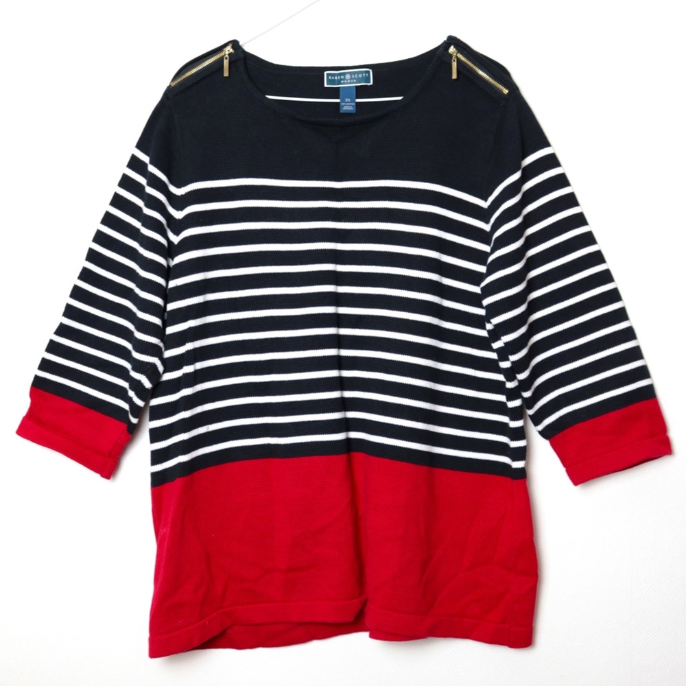 Karen Scott Woman Striped Zip-Shoulder Cotton Sweater Size 2X